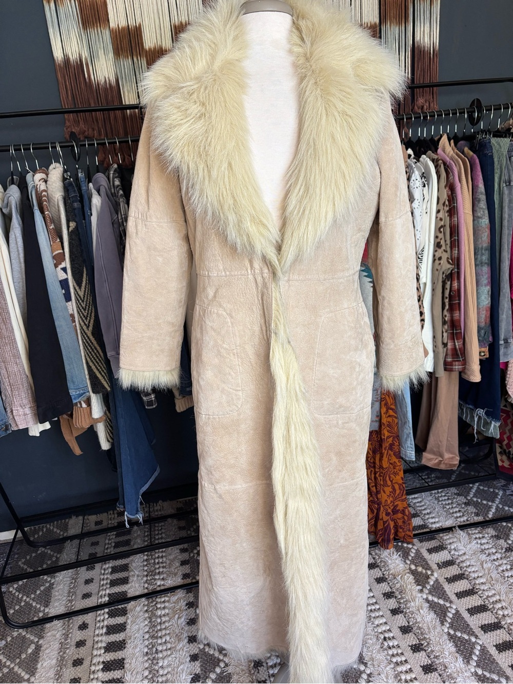 Genuine Leather Long Faux Fur Shearling Trim Penny Lane Coat - Picture 4 of 4